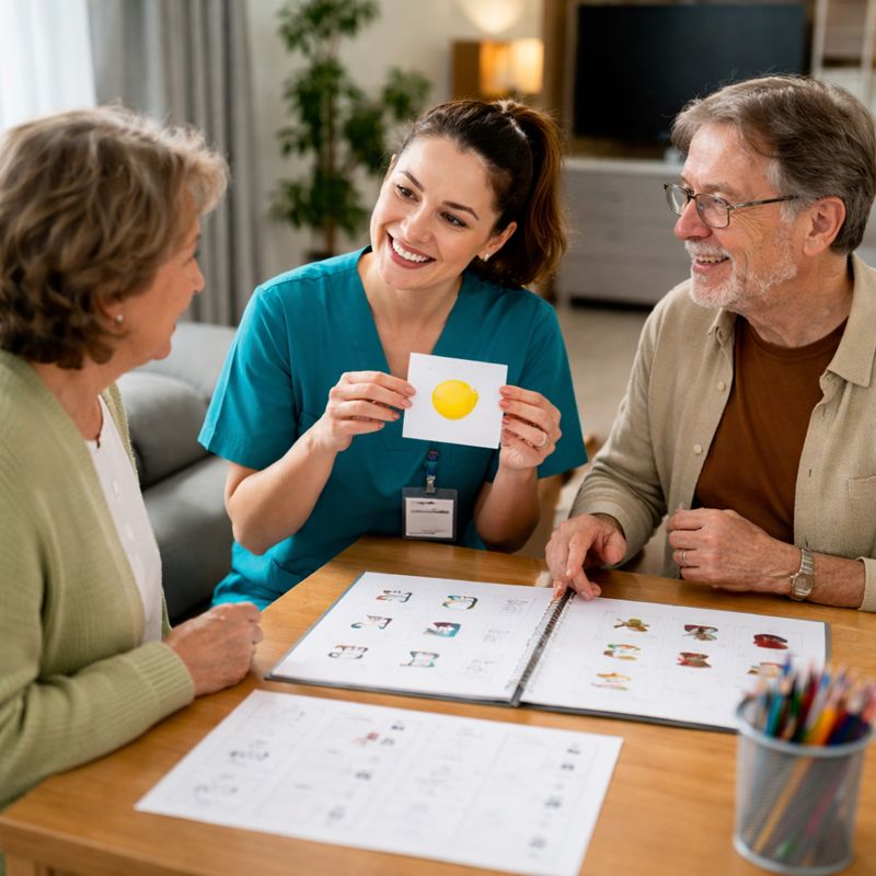 Caregiver in blue scrubs uses a picture card activity with an older couple at a table, supporting memory and communication at home.