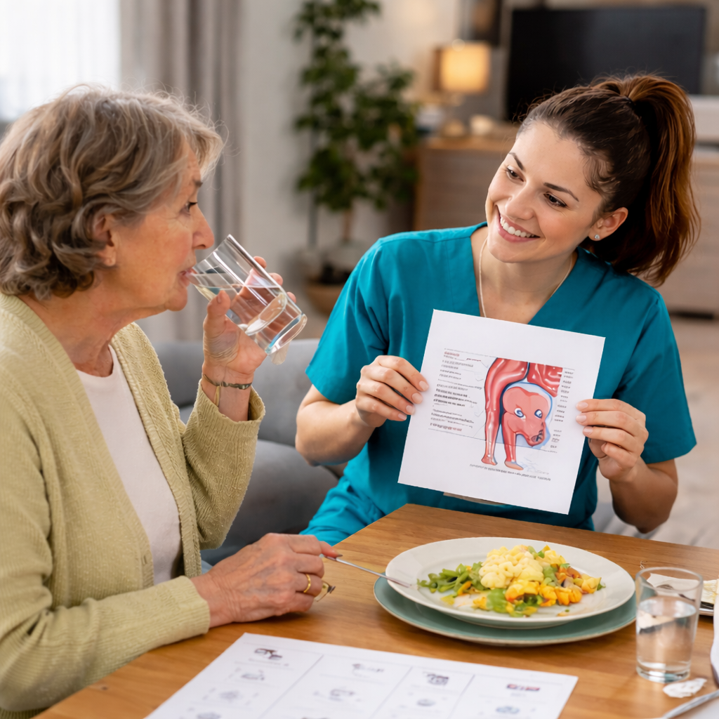 Caregiver in blue scrubs reviews a health handout with an older woman during a meal as she drinks water at home.