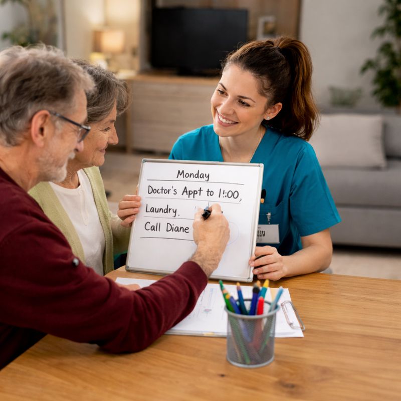 Smiling caregiver in blue scrubs helps an older couple review a Monday to-do list on a whiteboard (doctor’s appointment, laundry, call Diane).
