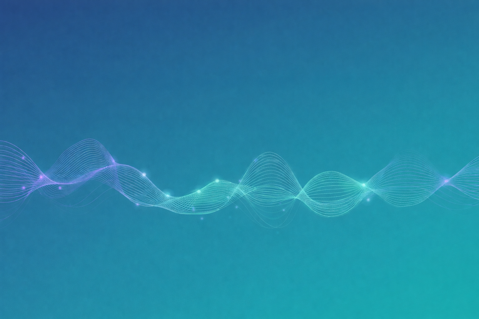 Abstract teal-to-blue gradient background with a glowing, flowing waveform line and soft light points across the center.