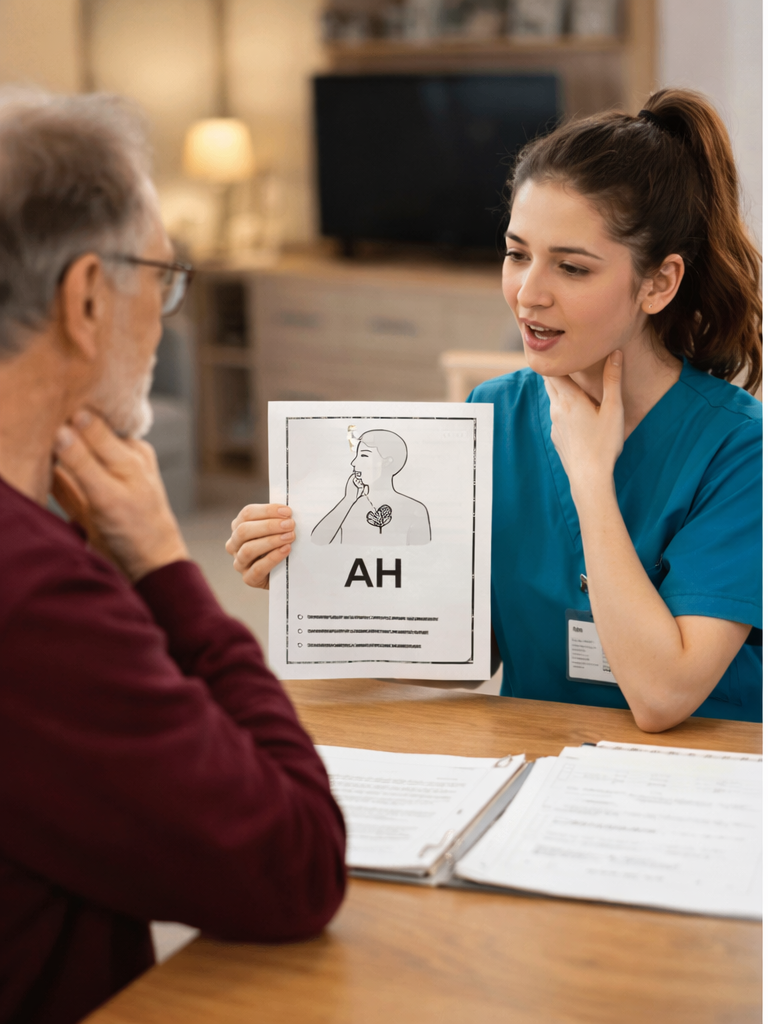 Adult Speech Therapy Session | Jubilee Speech Therapy | Daphne, AL Speech therapist at Jubilee Speech Therapy in Daphne, Alabama shows an adult client an “AH” speech sound card while demonstrating mouth and throat placement during a therapy session.