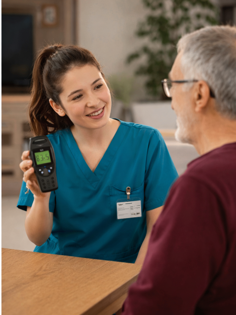 Speech therapist at Jubilee Speech Therapy in Daphne, Alabama shows an adult client a handheld communication device during a therapy session to support clearer speech and daily communication.
