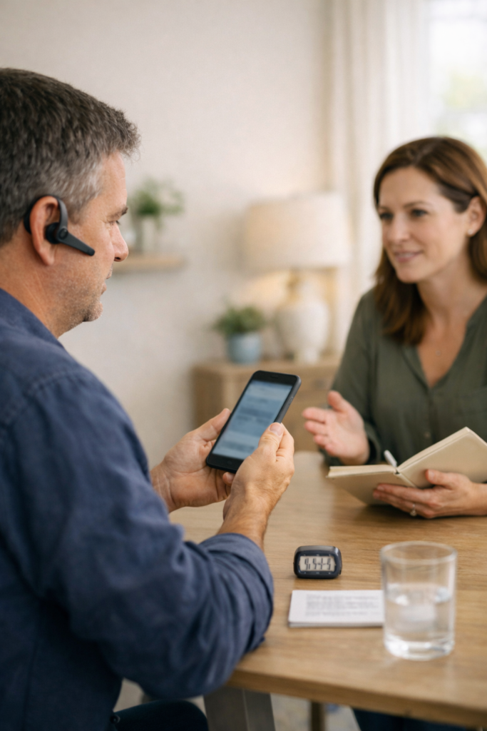 Adult man practicing speech and vocalization during a phone call exercise with a speech therapist in Daphne, Alabama.