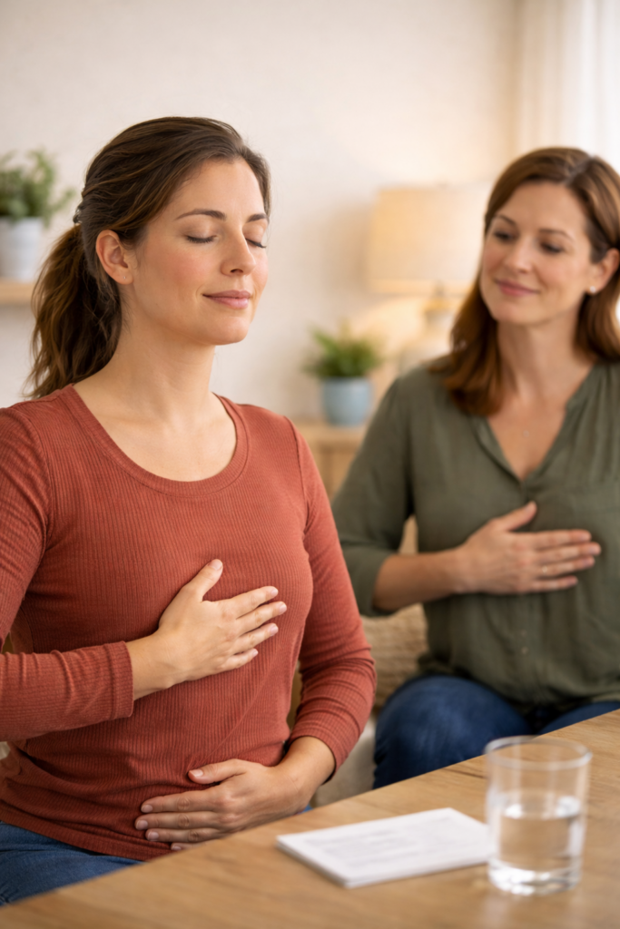 Adult woman practicing diaphragmatic breathing exercises with a speech therapist in Daphne, Alabama to improve speech clarity and reduce vocal tension.