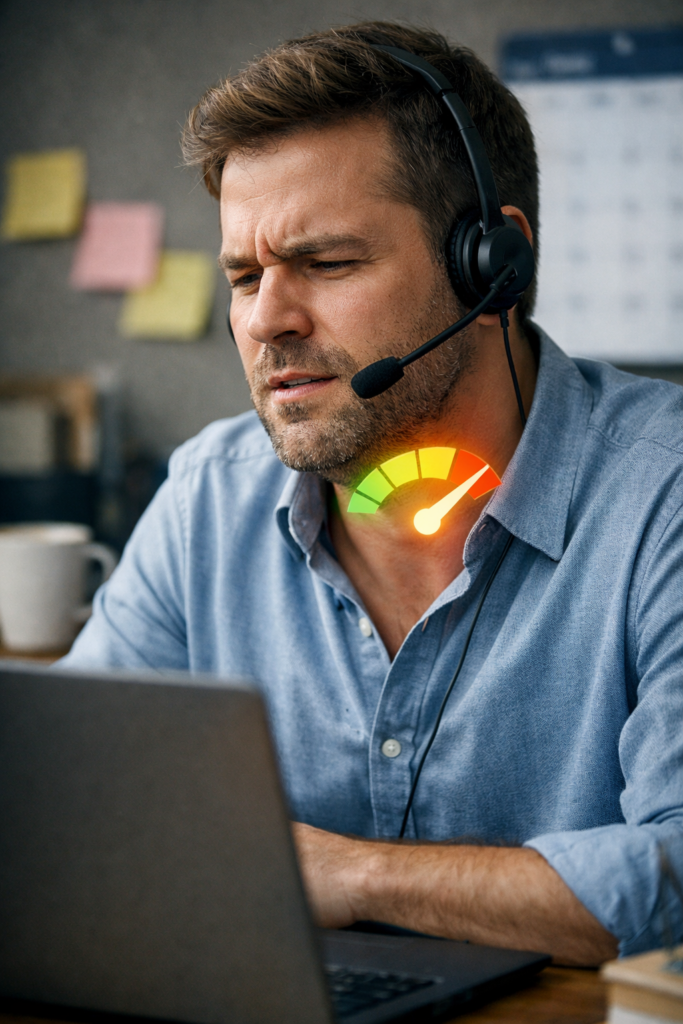 Adult professional wearing a headset on a video call, looking strained, with a visual overlay at the throat suggesting vocal fatigue and dysphonia while working at a laptop.
