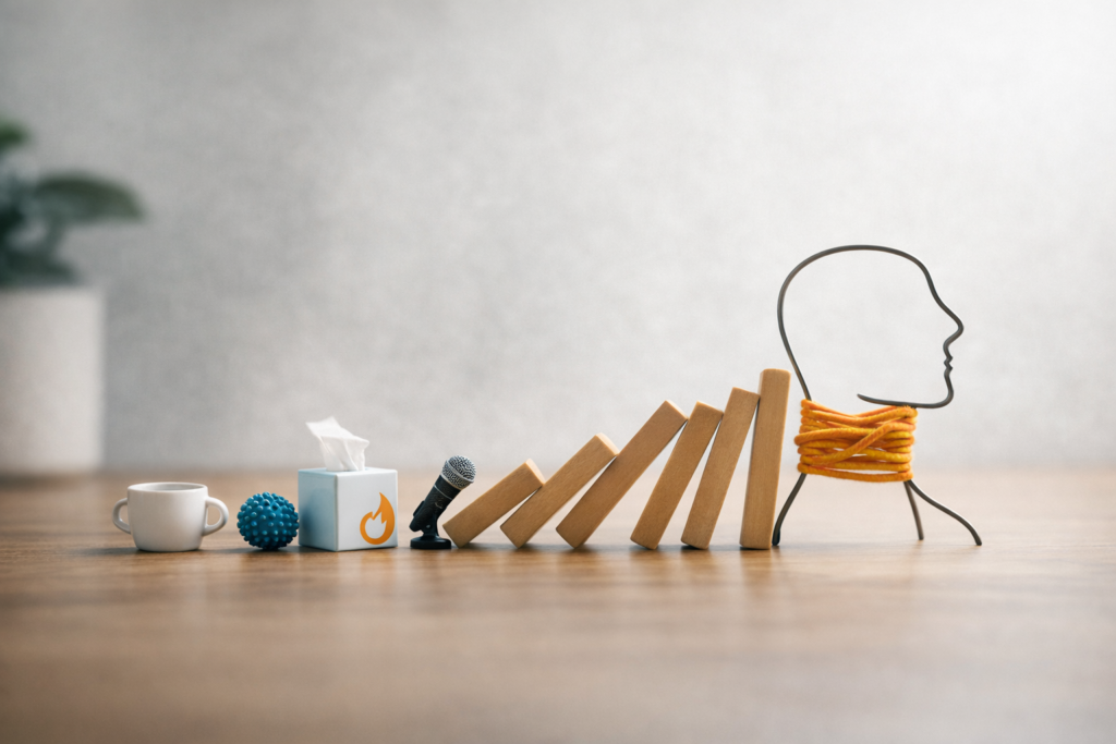 Dominoes fall toward a simple wire outline of a human head with orange string wrapped around the throat, beside a microphone, tissue box, and small cup, symbolizing dysphonia and voice strain.