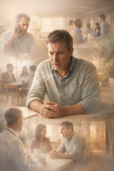 Adult man in his 50s sitting at a table in a warm, coastal-style room, concentrating while speaking, surrounded by soft, blended scenes of everyday communication situations like phone calls, work meetings, social gatherings, medical appointments, and conversations at home, representing real-world speech challenges and therapy goals in Daphne, Alabama.