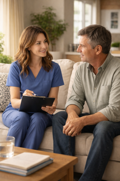 Female speech therapist in blue scrubs sitting on a couch in a coastal-style living room in Daphne, Alabama, reviewing an evaluation checklist on a black clipboard with an adult patient, both engaged in a calm, friendly conversation during an in-home speech therapy session.