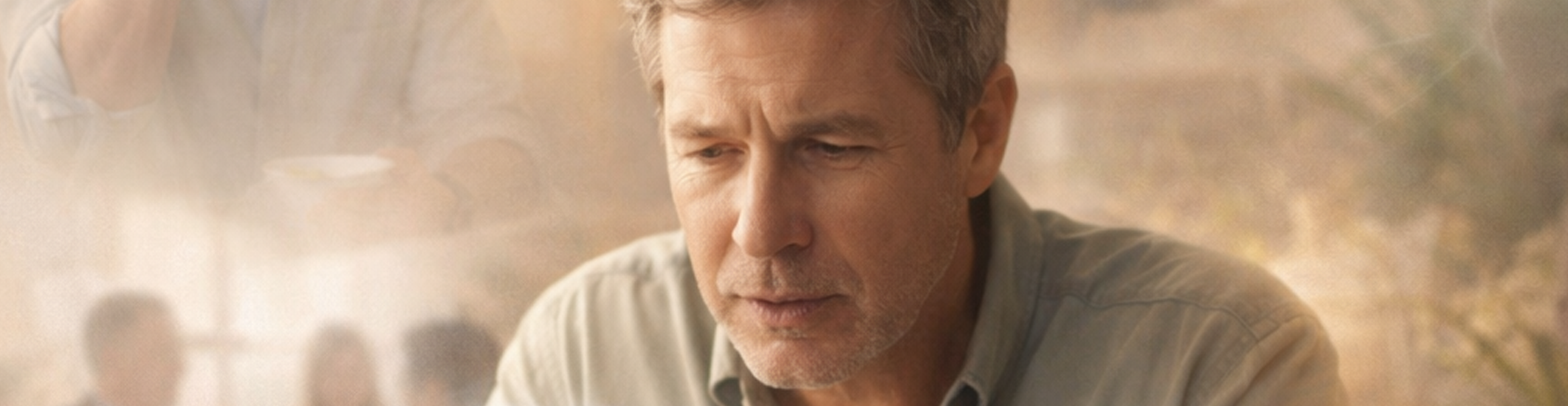 Close-up of a middle-aged man in a warm, softly lit setting with a thoughtful, slightly strained expression as he speaks, representing adult speech and communication challenges during conversation in Daphne, Alabama.